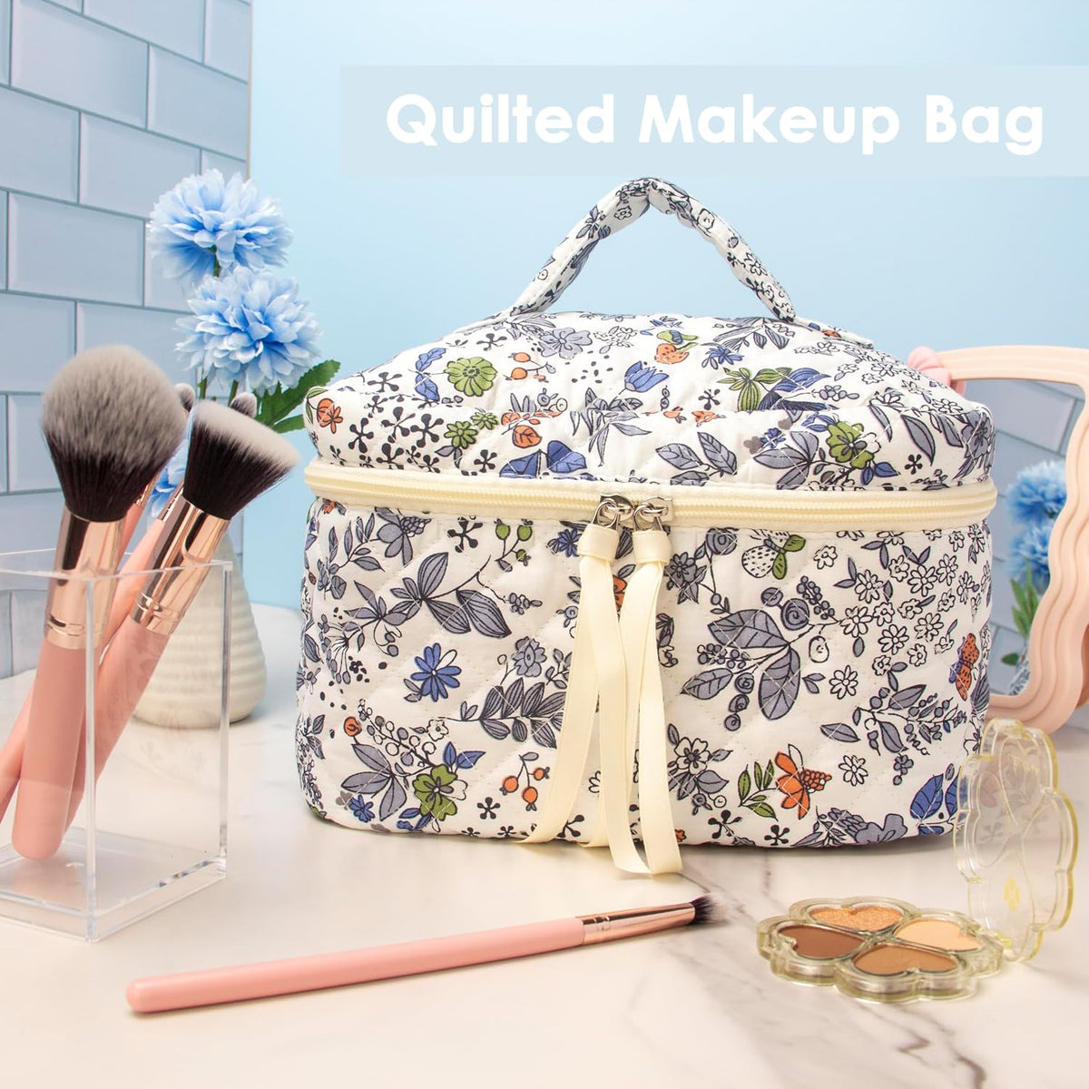 Quilted Makeup Bag for Women, Travel Cosmetic&Toiletry Bag,Leaf White