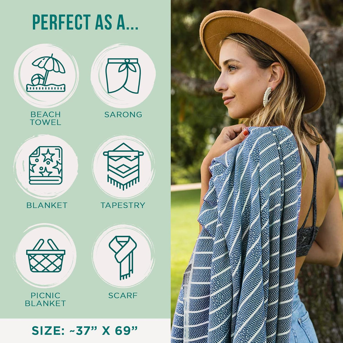Sand Cloud Turkish Beach Towel - Sand Proof & Quick Dry - 100% Organic Cotton - Gocek (Denim)