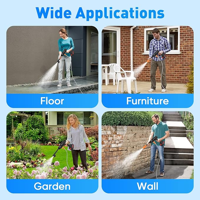Portable Cordless Pressure Washer, 600 PSI 21V Rechargeable Two Batteries Powered Pressure Washer,6-in-1 Nozzle with Standard Nozzle for Car Floor Wall Fence Cleaning