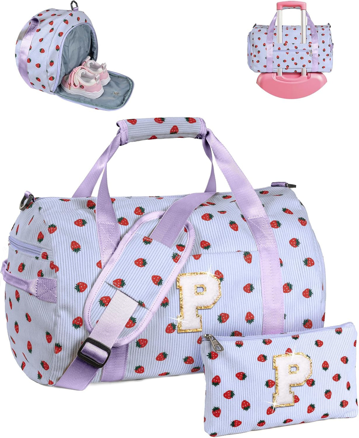 Skiennix Personalized Girls Gym Bag - Stylish Overnight Duffle with Shoe Compartment & Makeup Bag | Monogrammed Tote for Teens (Letter P)