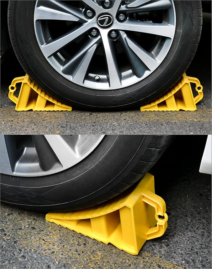 QWORK RV Wheel Chocks, 4 Pack Heavy Duty Car RV Tire Chocks Camper Chocks with Handle and Rope, Car Truck Stopper for Travel Trailers, Camper, Cars, Truck, Yellow
