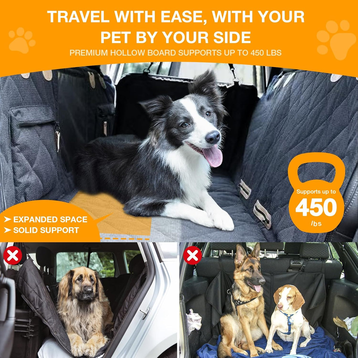 Dog Car Seat Cover for Back Seat, Hard Bottom Back Seat Extender for Dogs, Waterproof Car Hammock, Backseat Bed and Car Seat Protector, Nonslip Fit for Cars, SUVs, Trucks, 52 x 25 in, Black