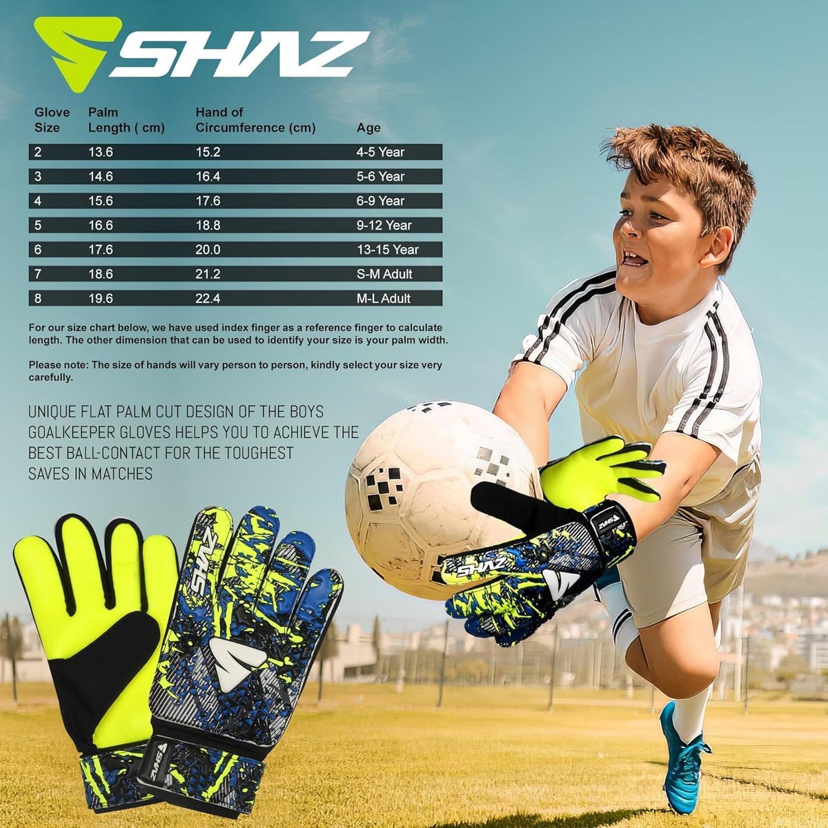 Shaz Soccer Goalkeeper Gloves - Anti-Slip 4mm Latex Palm with Strong Grip | Size 7 for Kids & Youth