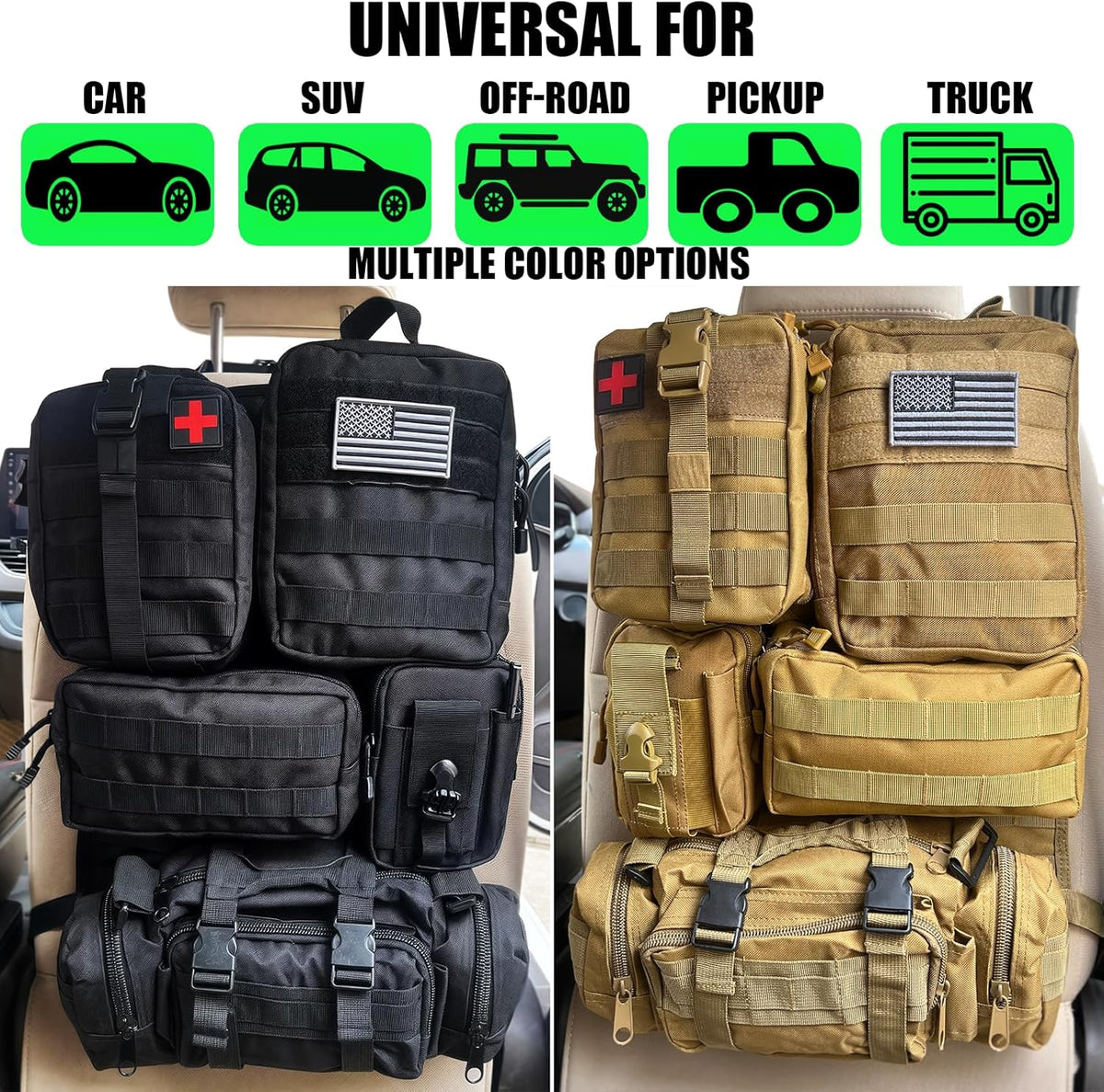 7 PACK Tactical Seat back organizer Truck organizer With 6 Detachable Pouches Universal For Car Truck Ford Jeep Military-Grade Heavier Panels With Multi-functional Packs (Black)