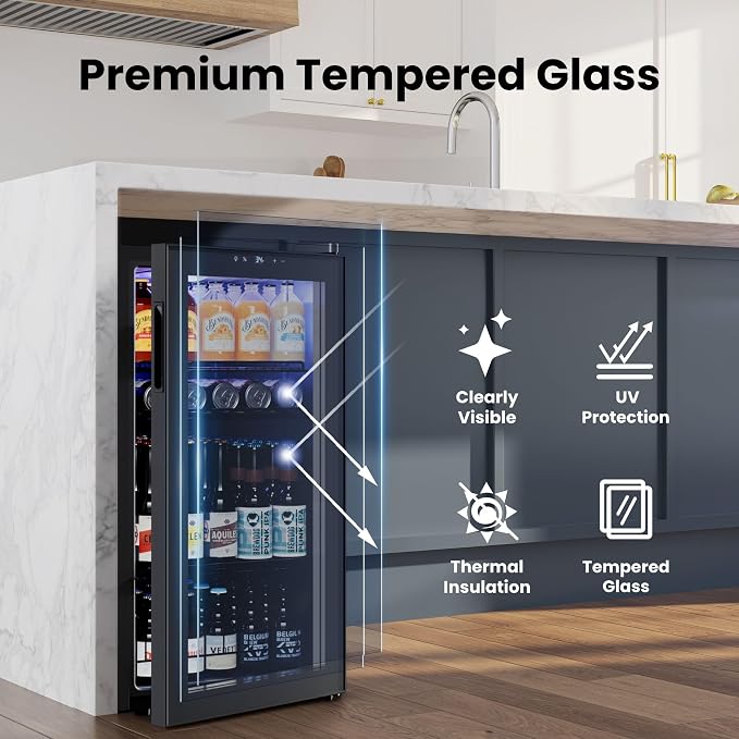 Yeego Beverage Refrigerator Drink Cooler, 105 Cans Mini Fridge Glass Door | Soda Wine Beer Small Cooler, 34°F To 54°F Digital Temperature Control, for Home Office Bar, Adjustable Shelves, Black