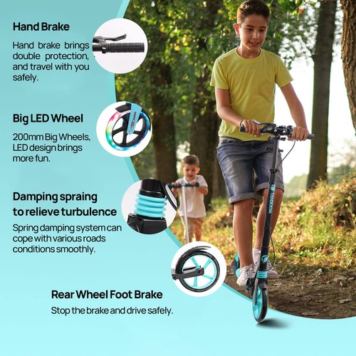 LED Light Up Large Wheels Scooter for Kids Ages 6-12 and Adults with Handbrake, Kick Scooters for Teens 12 Years and Up with Carry Strap and Bell, Easy Fold, Height Adjustable