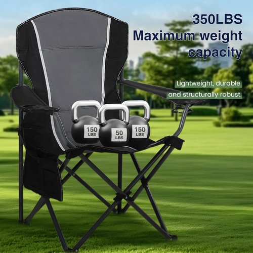 High Point Sports Oversized Camping Chair - Heavy Duty Portable Lawn Chair with Cup Holder | Supports 350 LBS, 2 Pack, Gray-Black