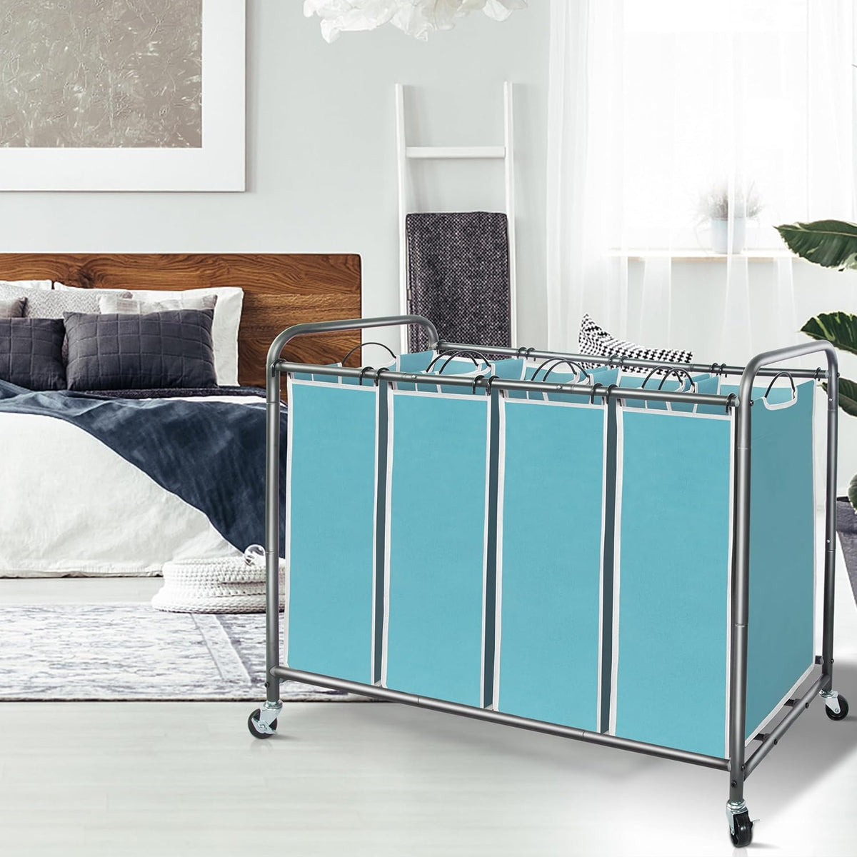 Storage Maniac Laundry Sorter - 4-Section Hamper with Wheels & Removable Bags - 47.8 Gal, Blue
