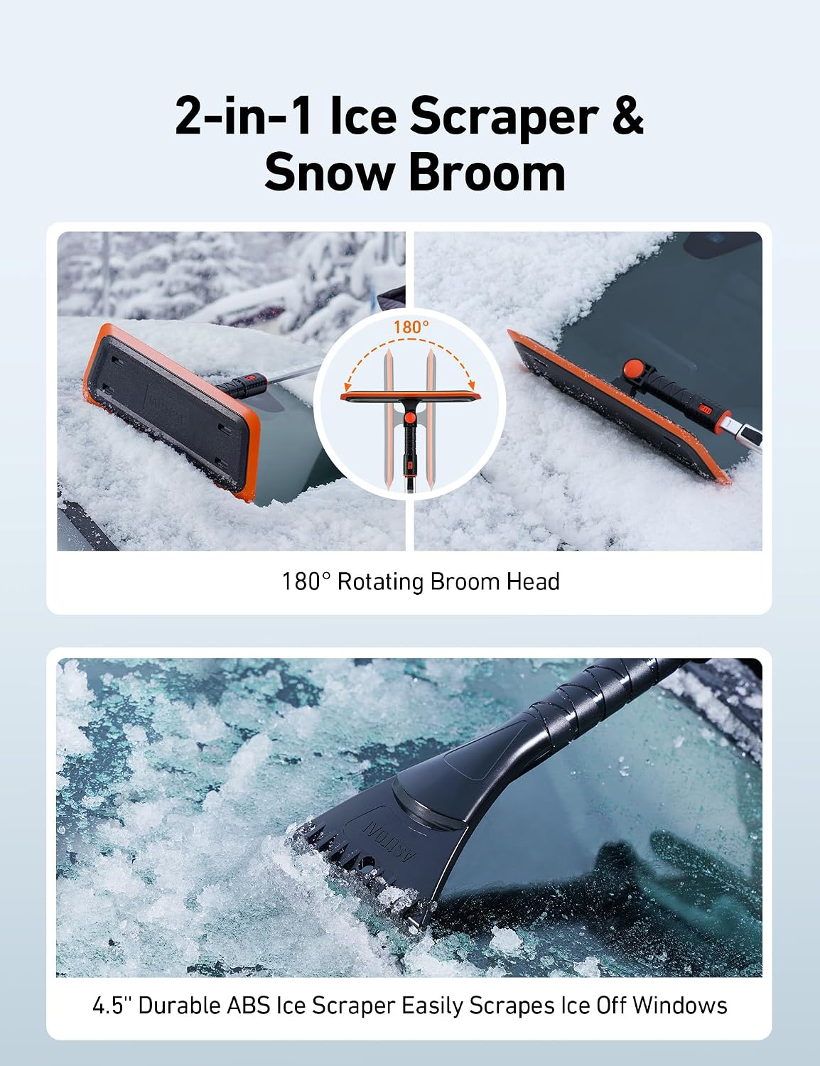 AstroAI 47.2 Inch 2-in-1 Snow Brush for Car Snow Broom and Detachable Ice Scraper with Non-Abrasive Silicone Head for Cars, Trucks, SUVs（Orange-Black）