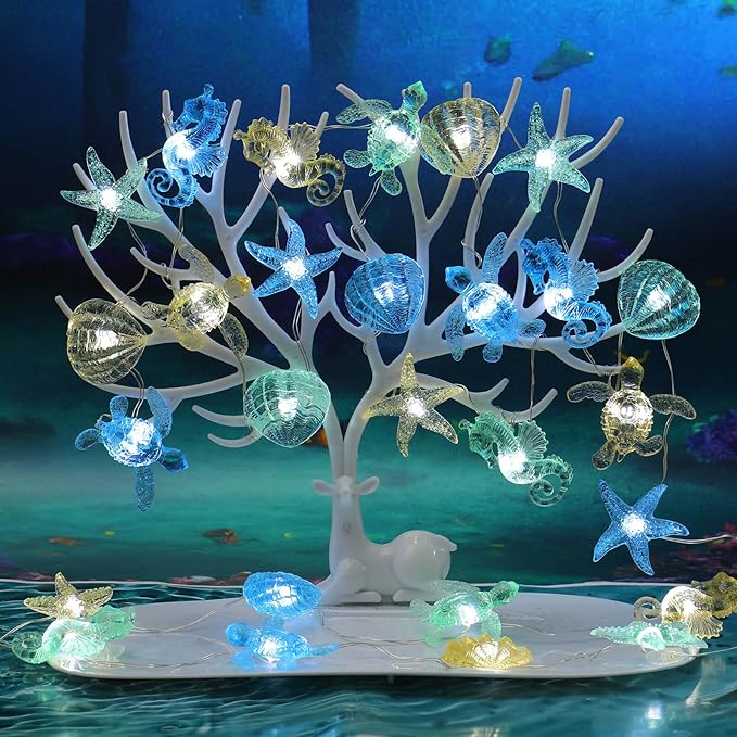 Ocean Themed Decorative Lights String of Marine Life Fairy String Lights Coastal Decor 10ft 30 LEDs Battery Operated with Remote Control for Beach Bedroom Decoration
