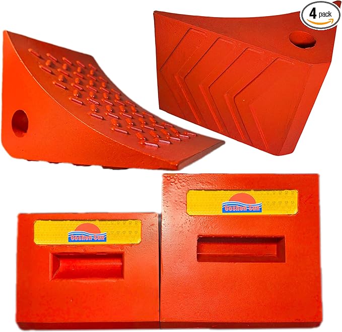 Heavy Duty Orange PU Wheel Chocks with Reflective Strips - Set of 2/4,S/M,All-Weather, Non-Slip & Portable Parking Security for Truck, RV, Trailer (4, M)