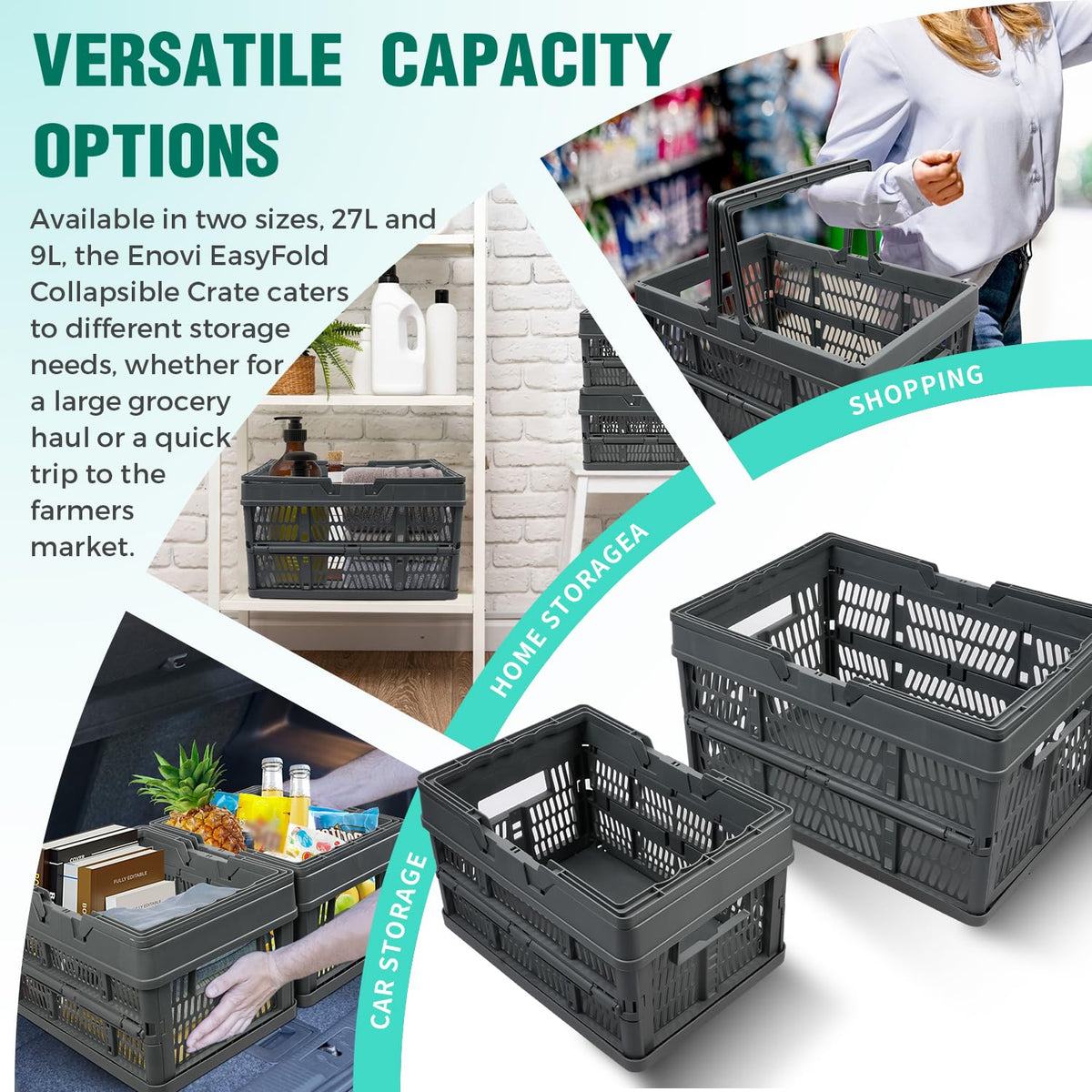 EasyFold Collapsible Crate, Collapsible Shopping Basket, Milk Crate, 3 Pack (9L (2.4 Gal), Black)