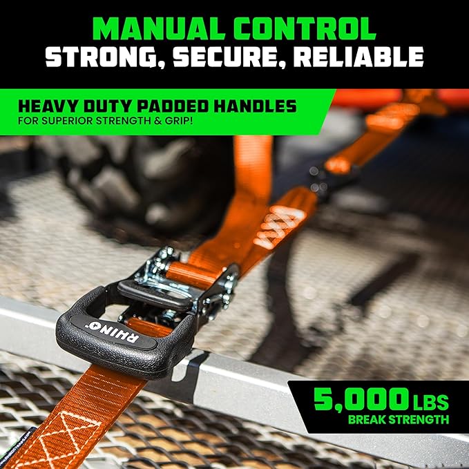 Rhino USA Ratchet Straps Heavy Duty Kit (4-Pack) - 1.6 Inch x 8 Feet Min Break Strength (5,000) - Ultimate Tie Down Straps with Safety S Hooks for Trucks, ATV, UTV, Motorcycle, Cargo & More - Orange