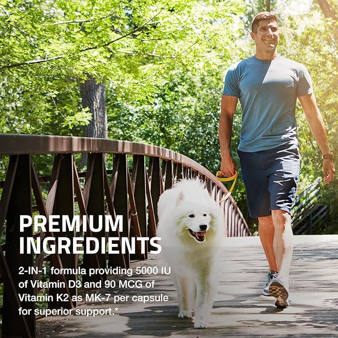 Bronson Vitamin K2 (MK7) with D3 Supplement Non-GMO Formula 5000 IU Vitamin D3 & 90 mcg K2 MK-7 Easy to Swallow D & K Complex, 250 Capsules