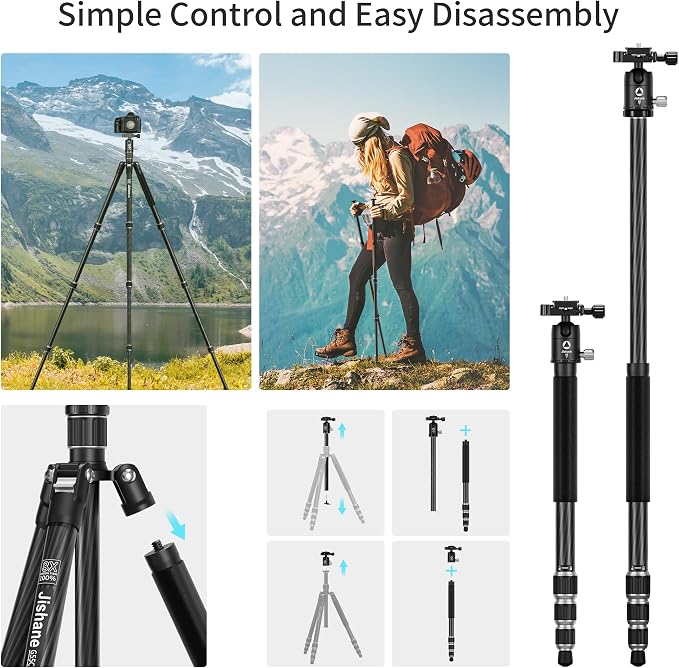Carbon Fiber Camera Tripod, 1/4" Arca QR Plate, Compact Lightweight Travel