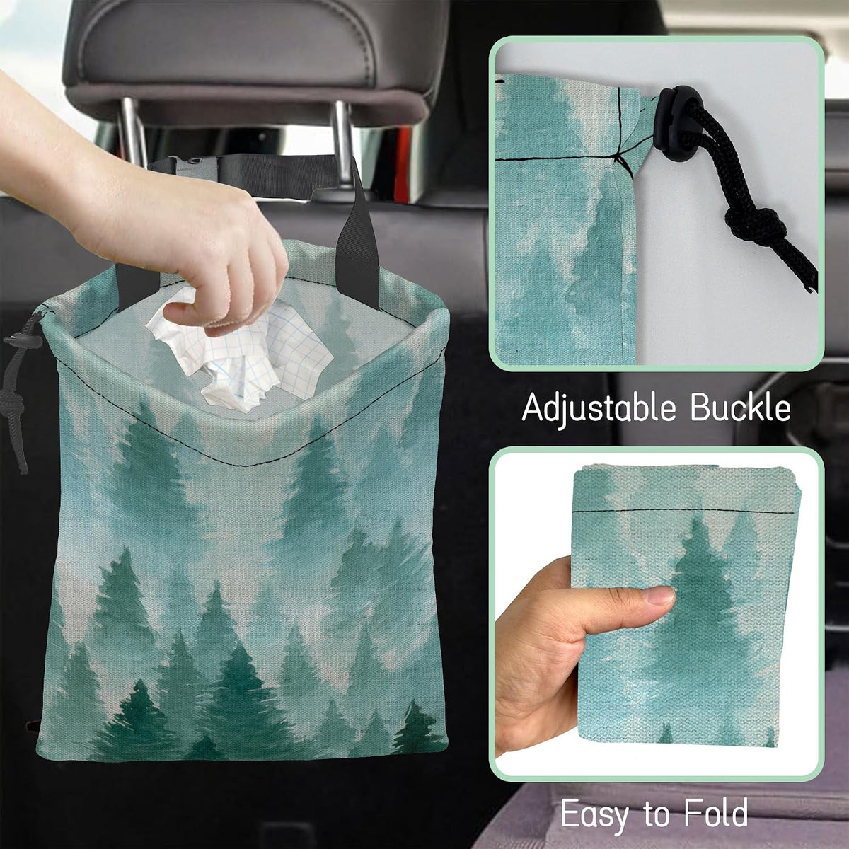 Foggy Forest Car Garbage Bag,Watercolor Forest Waterproof Small Car Trash Bag Hanging Back of Seat,Drawstring Hanging Car Trash Bag with Adjustable Buckle for Car Accessories