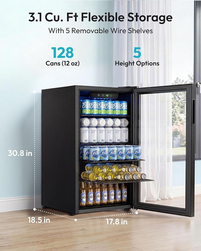 EUHOMY Beverage Refrigerator and Cooler, 128 Can Mini fridge with Glass Door, Small Refrigerator with Removable Shelves for Soda Beer or Wine, Home/Bar/Office, Black