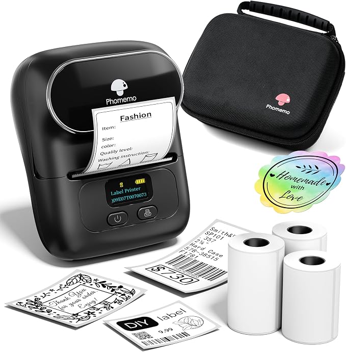 Phomemo Label Maker with 3 Roll Labels and Bag, Barcode Label Printer