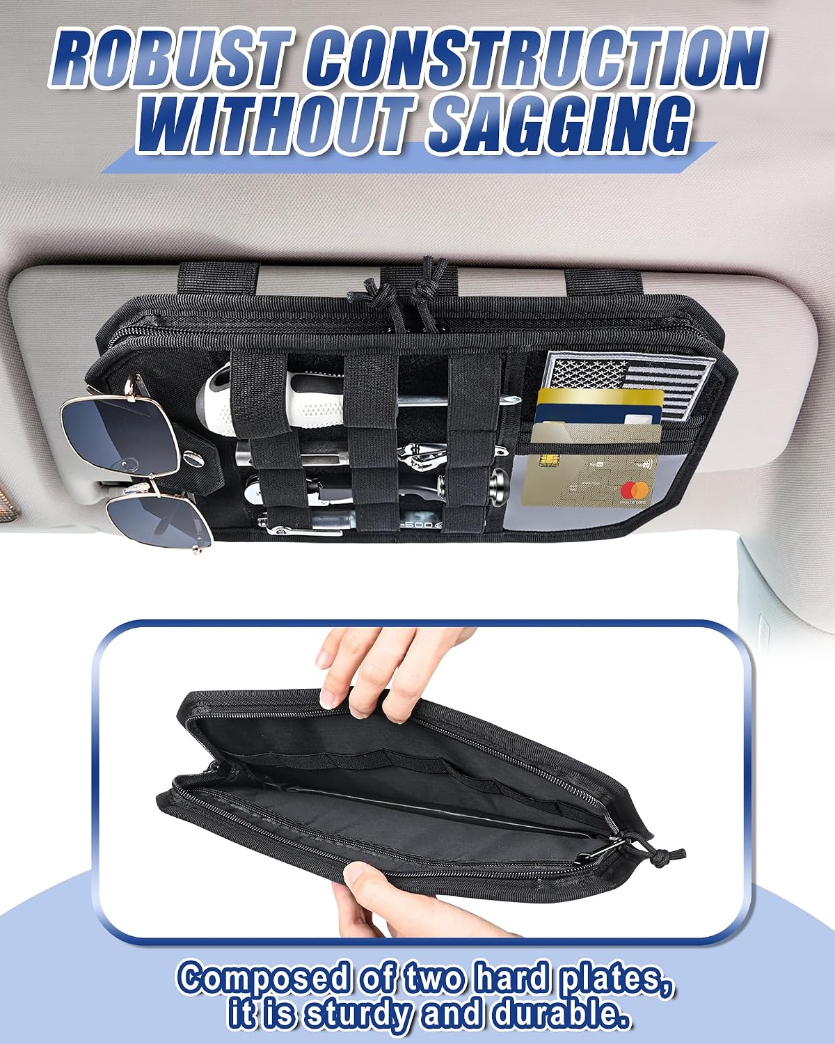 Heavy Duty Molle Car Sun Visor Organizer Tactical Pounch with Flag and Glasses Clip Store Your Daily Items for Most Cars, Trucks, SUVs, Compacts, 12.8"x6.9"x1.2"