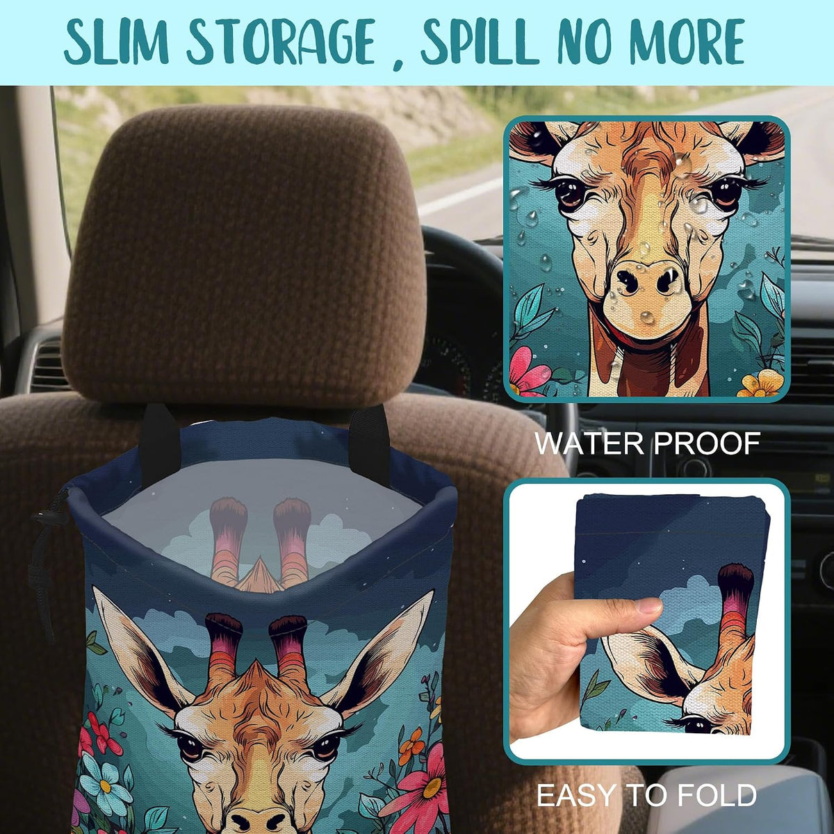 Car Garbage Bag Giraffe and Colorful Flowers Drawstring Car Trash Bag Hanging for Back Seat with Adjustable Buckle Canvas Vehicle Trash Can Easy-to-Install