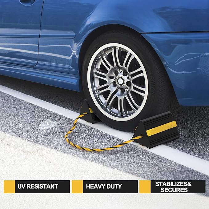 Okllen 2pair/4pack Wheel Chocks with Rope for RV Truck Trailer Camper Car, Heavy Duty Rubber Tire Chocks Blocks with 3 Reflective Strips, Anti-Roll Immobilizer Blocks