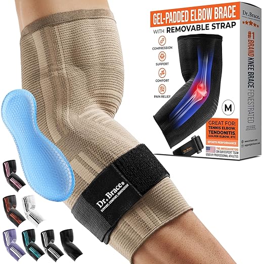 DR. BRACE® Elite Elbow Brace Support, Breathable Elbow Compression Sleeve with Gel Pad for Golfer's, Tennis Elbow & Tendonitis Treatment & Pain Relief 2024 (Nude (Beige), Medium)