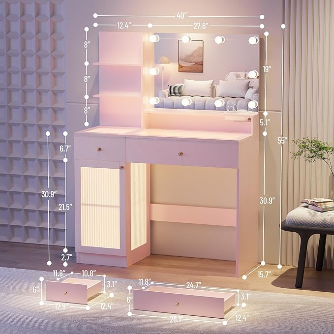 40" Vanity Desk with Large Mirror and Lights, Modern Glass Top Makeup Vanity Set with Power Outlet,Pink