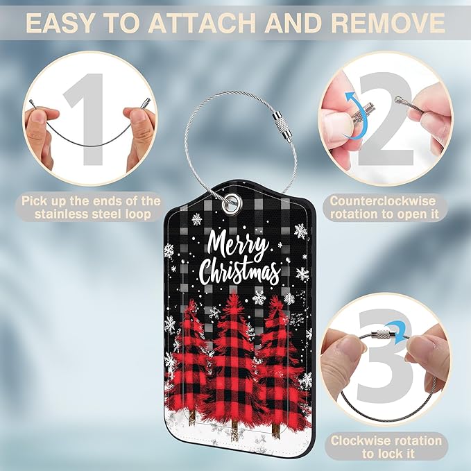 2 Pack Luggage Tags for Suitcases Red and Black Checkered Christmas Tree Leather Luggage Tags Privacy Cover ID Label with Stainless Steel Loop and Address Card for Women Men Travel Bag Backpack
