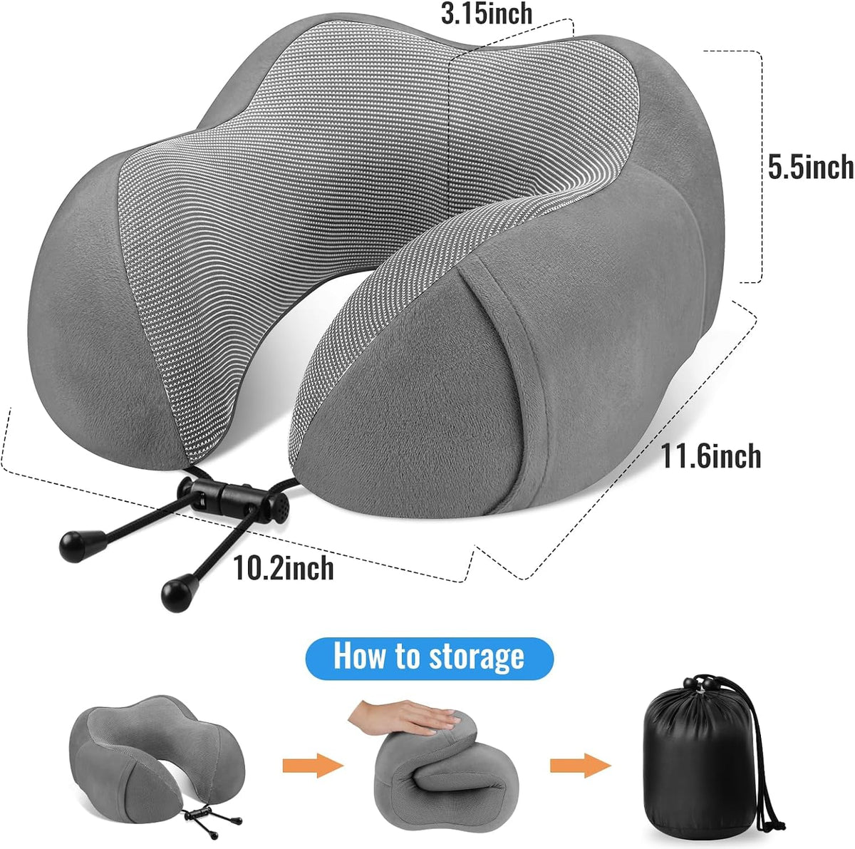 CloudBliss Travel Pillows for Airplane, Memory Foam Neck Pillows for Travel, Compact Neck Pillow for Long Flight, Car & Office, Plane Accessories with Eye Mask, Earplugs, Carry Bag, Black & Dark Grey