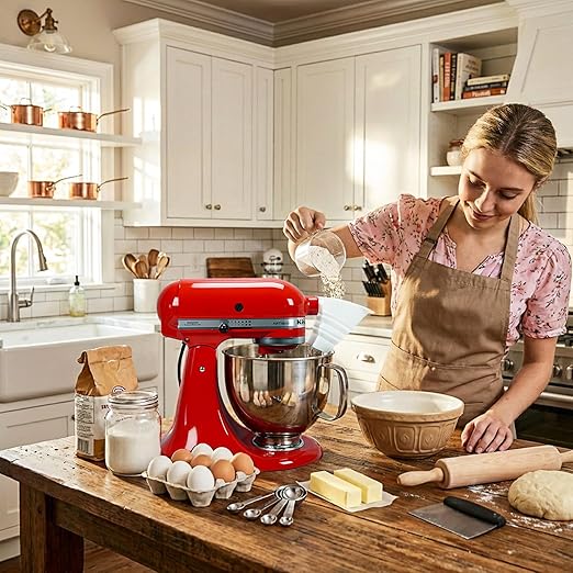 Flour Funnel for Kitchen Aid Mixer with Spatula & Brush Set - Silicone Collapsible Stand Mixer Attachment Compatible with KitchenAid 4.5-5 QT Tilt-Head (KSM150), Mess Free Dishwasher Safe (RED)