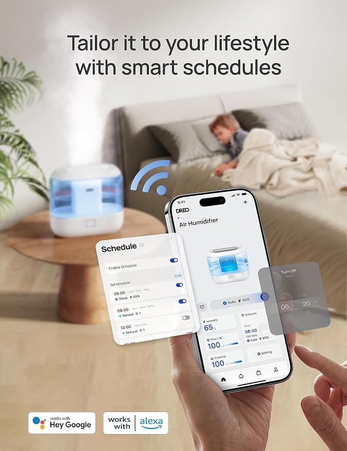 Dreo Smart Humidifiers for Bedroom-Filter Included,Top Fill 4L Humidifier Large Room with 28 dB, 36H Runtime, Touch/APP/Voice Control, Nightlight, Cool Mist Humidifiers for Baby, Plants, Indoor, Blue