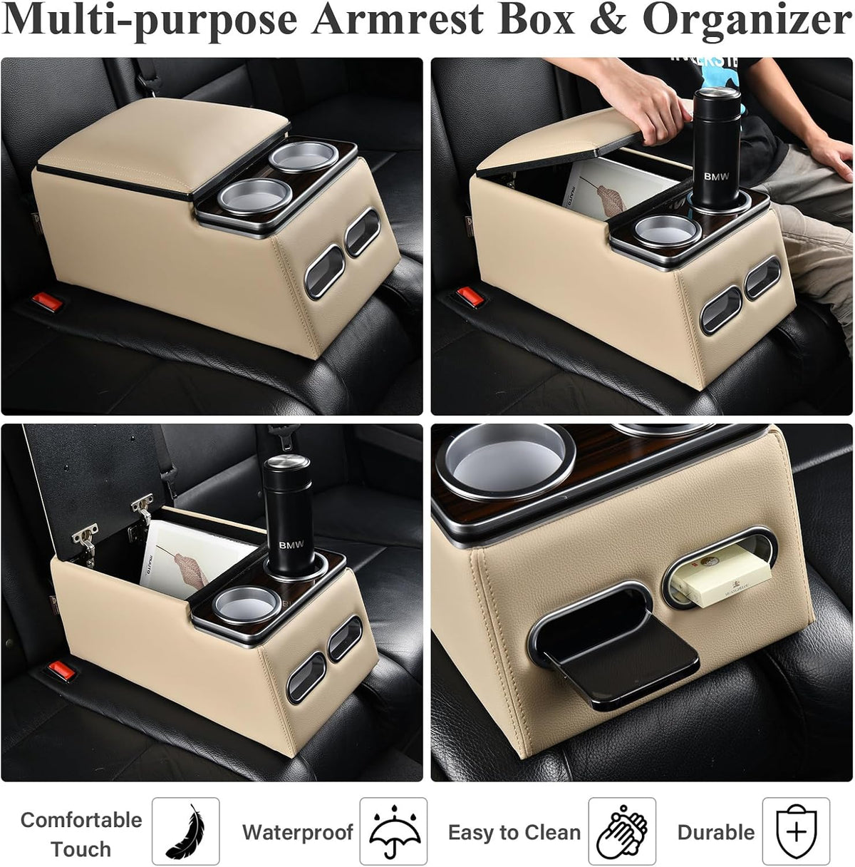 Coverado Car Center Console, Universal Rear Bench Seat Consoles, Truck Seat Organizer and Storage, Back Seat Car Organizer with Cup Holder, Large Storage Box, Central Armrest Box (Regular, Beige)