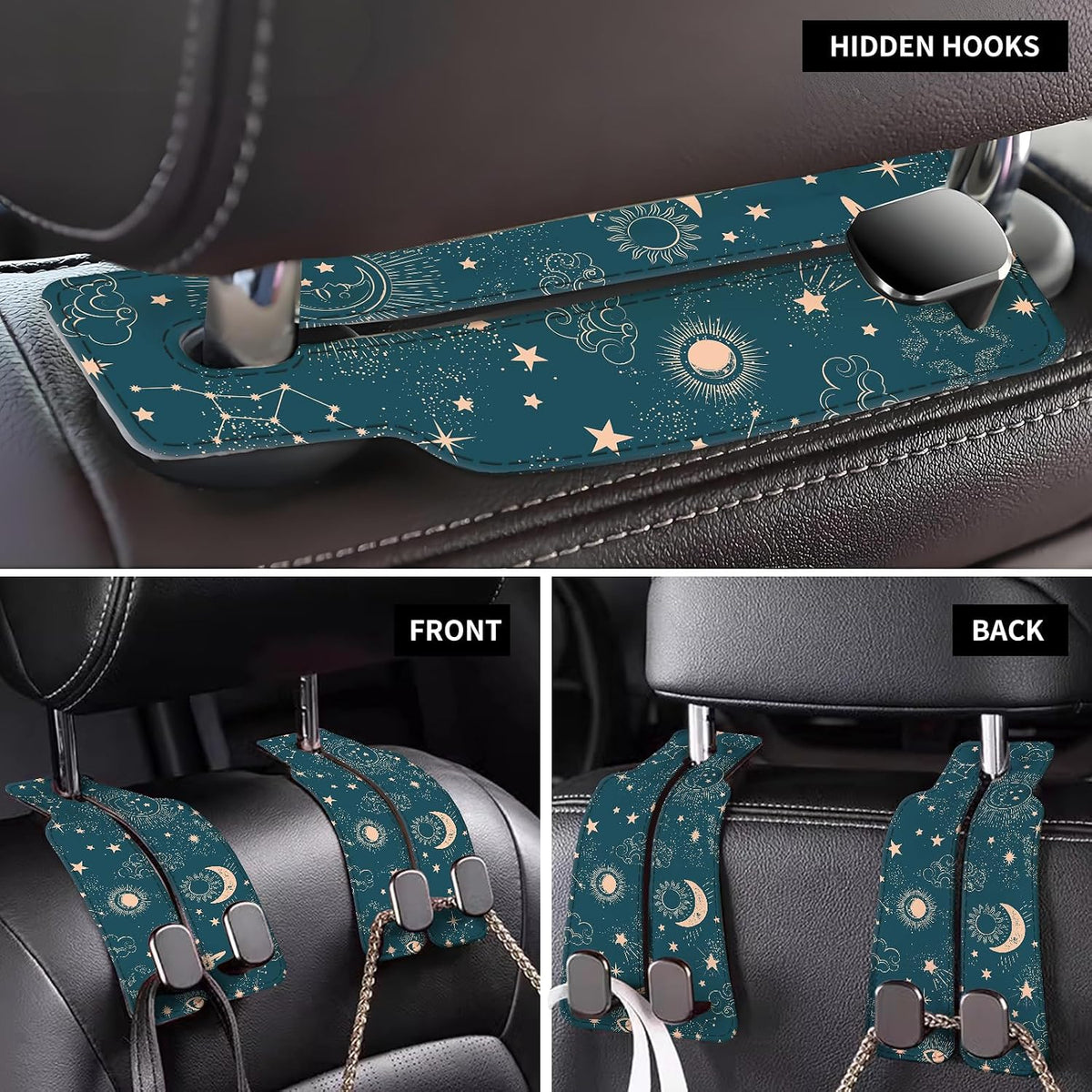 Car Seat Back Storage Headrest Hook, Premium Leather Double Metal Hook, Hanger Storage Organizer for Purse Cloth Bag, Car Interior Accessories Cute Blue Sun Boho