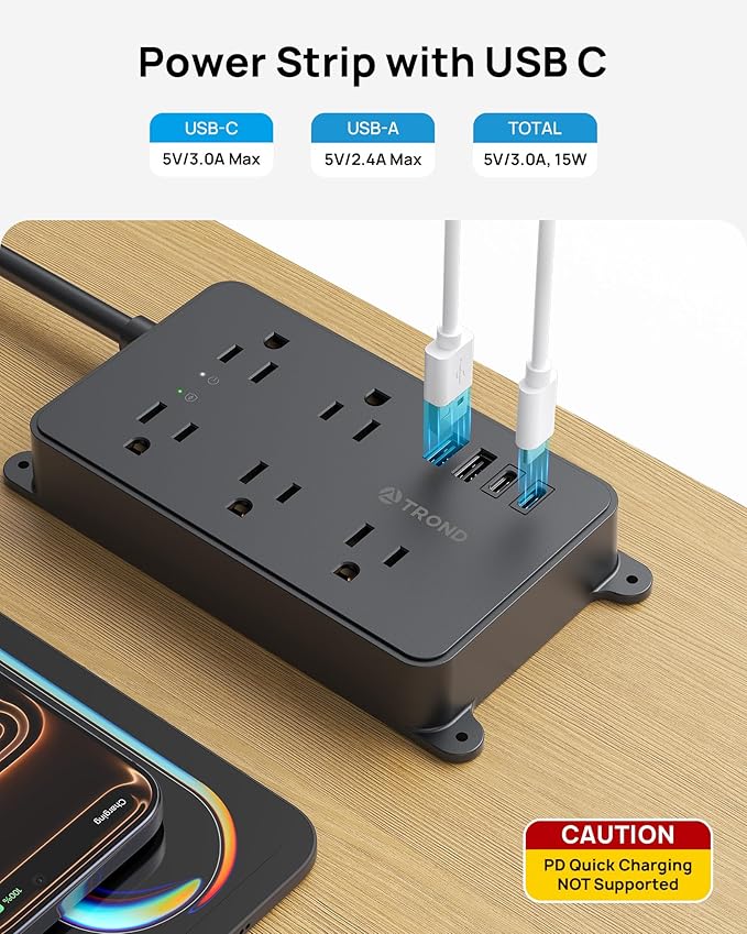 TROND Surge Protector Power Strip, 15ft Long Extension Cord, ETL Listed, 5 Widely Spaced AC Outlets, 2 USB A and 2 USB C, 1300J, Low-Profile Flat Plug, Wall Mountable, for Kitchen Office, Black