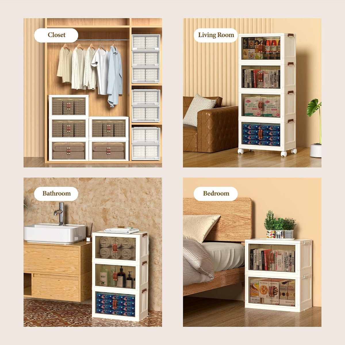 Collapsible Storage Bins with Lids - Stackable Plastic Closet Organizers for Clothes, and Home Organization White (5-rack, 9 Gal/rack)