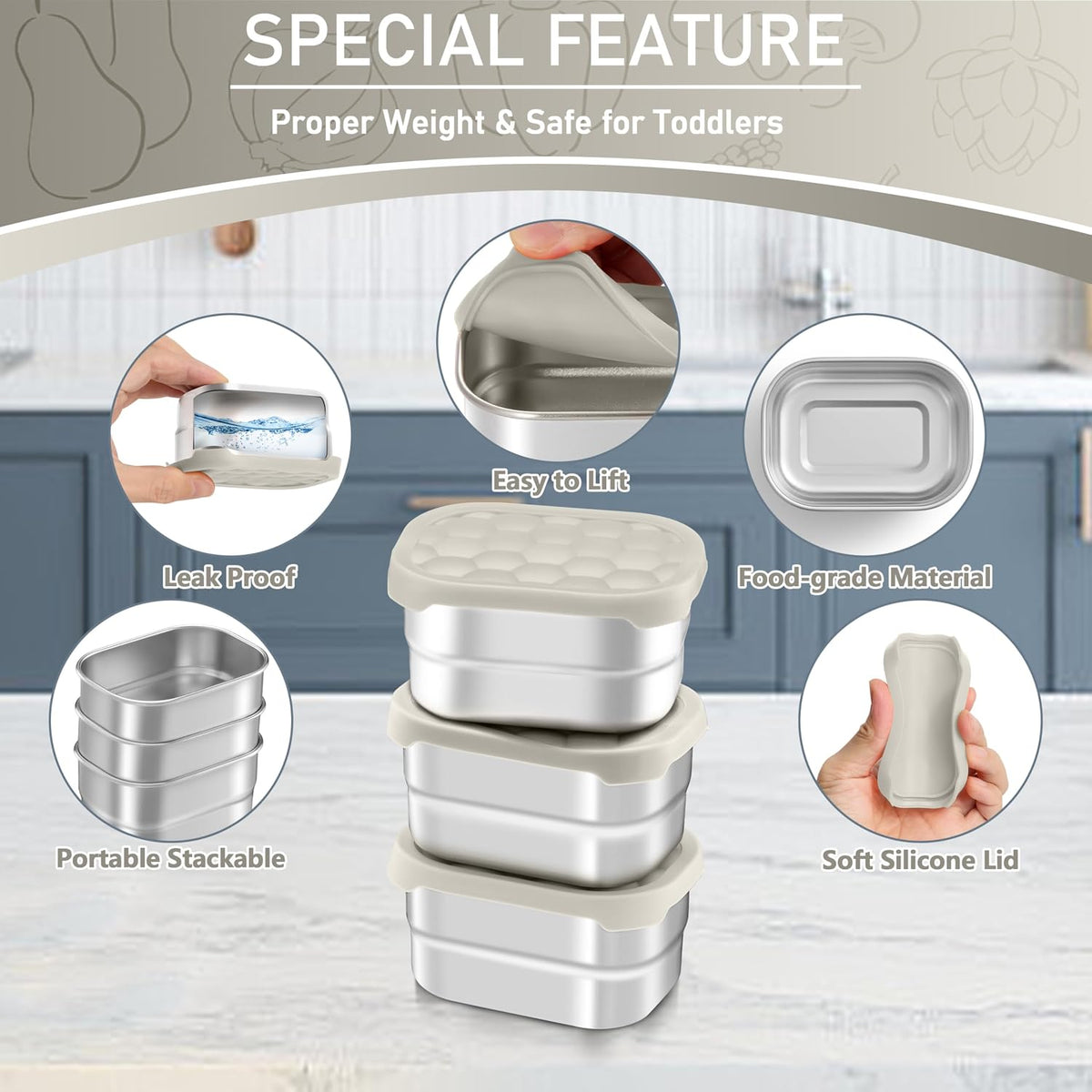 HaWare Stainless Steel Snack Containers for Toddlers and Kids, 8 oz Leak Proof Food Storage Containers with Khaki Silicone Lids, Stackable Small Metal Lunch Box for Daycare and School- 3 Packs