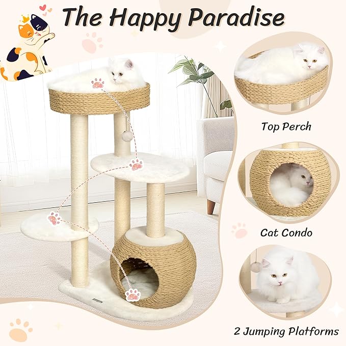 KAMABOKO Modern Cat Tree, 39" Tall Cat Trees for Indoor Cats, Cat Condo Natural Sisal with Scratching Posts, Hand-Woven Tower & Top Perch, Cat-Tree for Kittens Climb Play & Rest Black