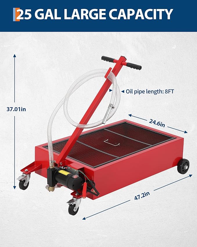 GarveeTech Low Profile Oil Drain Pan 12V, 25-Gallon Metal Oil Change Pan Large Capacity with 180W Electric Pump, 8FT Hose & Folding Handle for Cars, SUVs, Trucks, Buses, RVs, Red