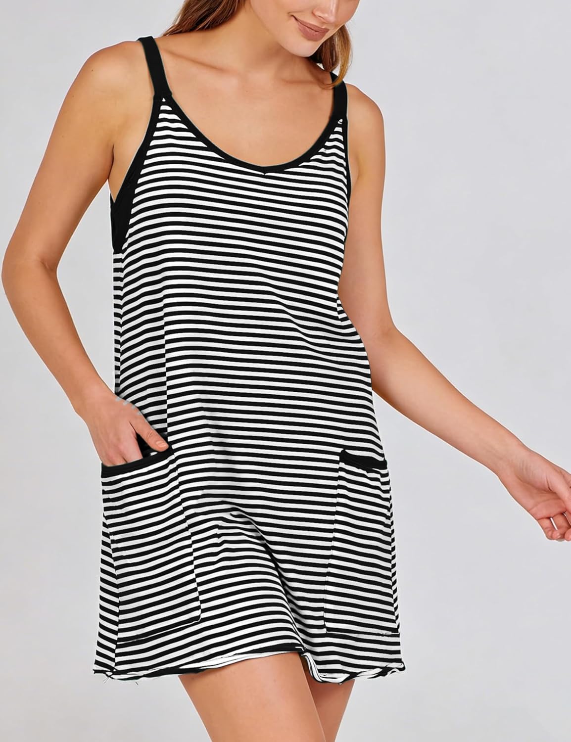 Zhiyouni Women's Athletic Mini Dress - Sleeveless V-Neck with Built-In Shorts | Striped Tennis Vacation Wear