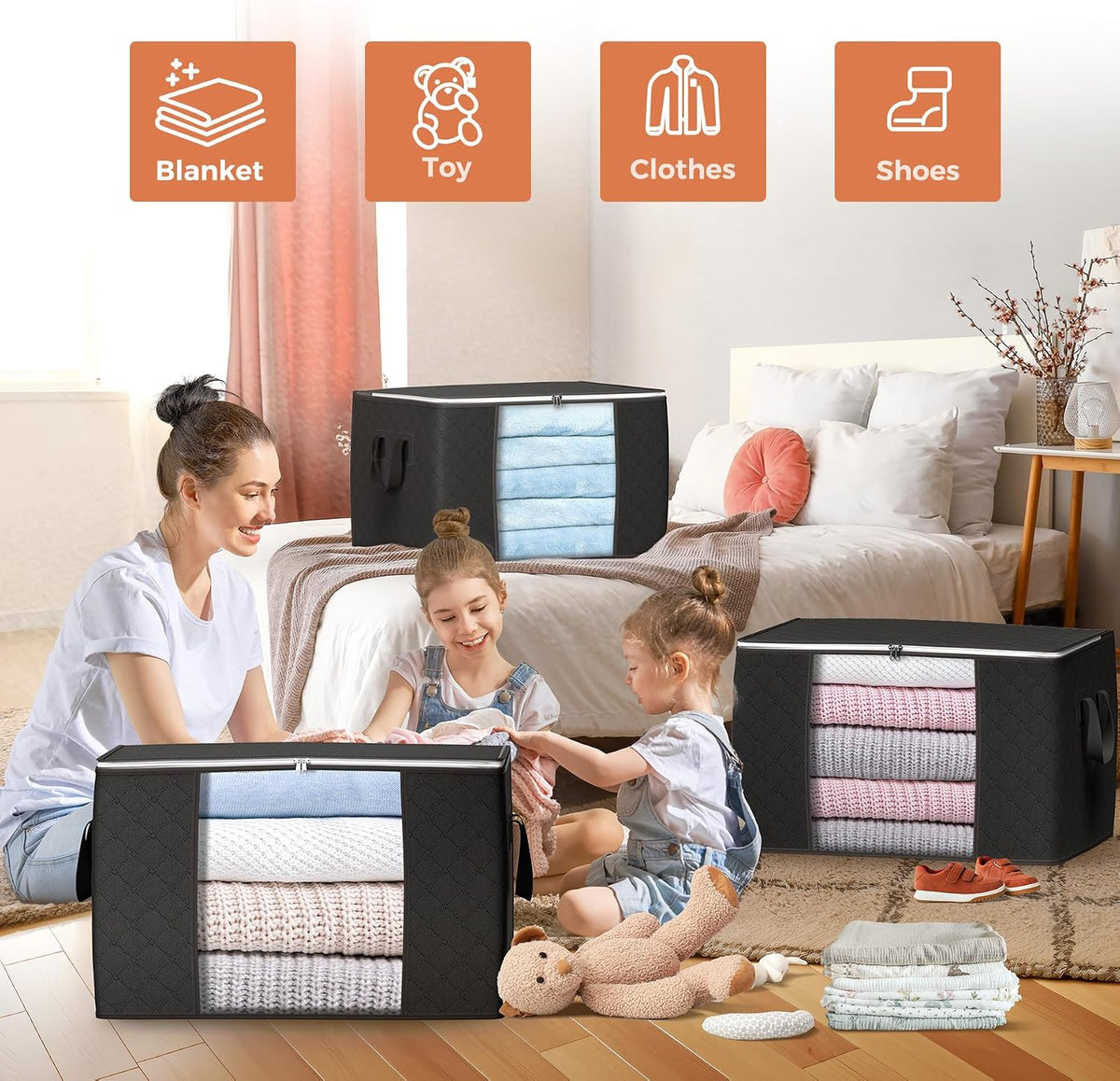 90L Large Storage Bags, 3 Pack Clothes Storage Bins Closet Organizers