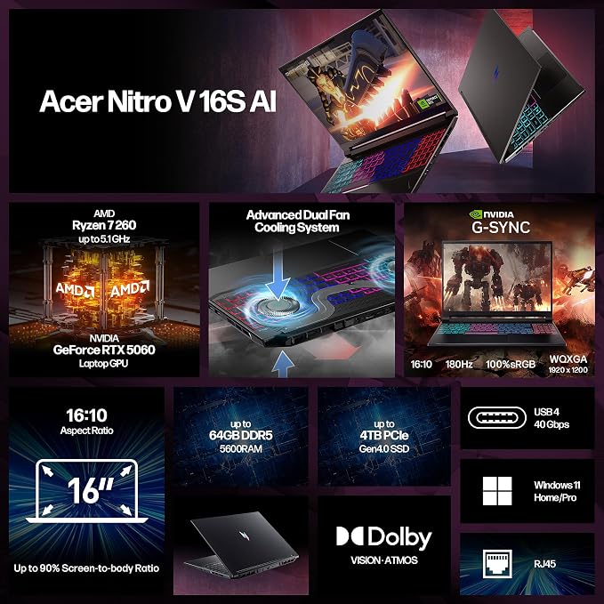 Acer Nitro V 16S AI Gaming Laptop,Ryzen 7 260, GeForce RTX 5060 8GB GDDR7 | 16" WUXGA IPS 180Hz Display, 16GB DDR5 RAM, 1TB Gen 4 SSD, Win 11 Home, Wi-Fi 6, 4 Zone-RGB Backlit KB, HHDMI,w/Headsest