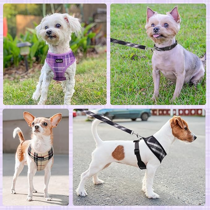SCENEREAL No Pull Dog Harness Collar and Leash Set for Small Sized Dogs, Soft Mesh Plaid Puppy Harnesses, Pet Vest for Outdoor Walking Training and Running, Beige XS
