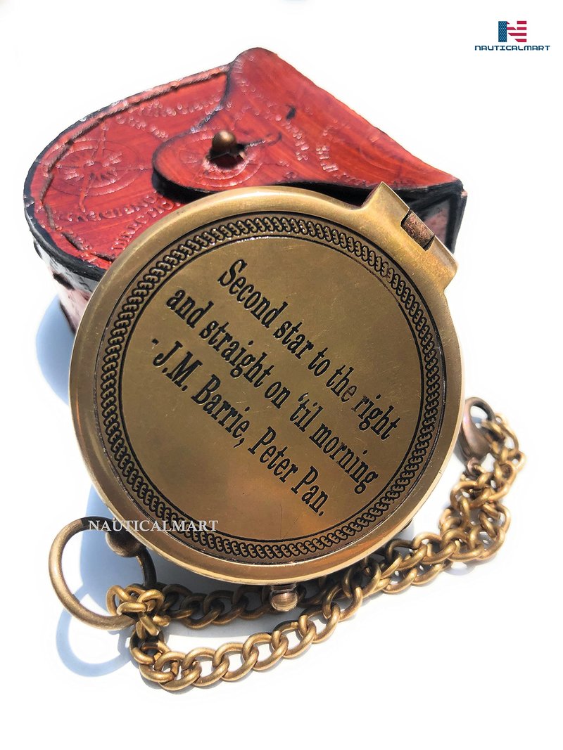 Second Star to The Right J. M. Barrie, Peter Pan Engraved Brass Compass Directional Compass Magnetic Pocket Personalized Gift for Camping, Hiking and Touring