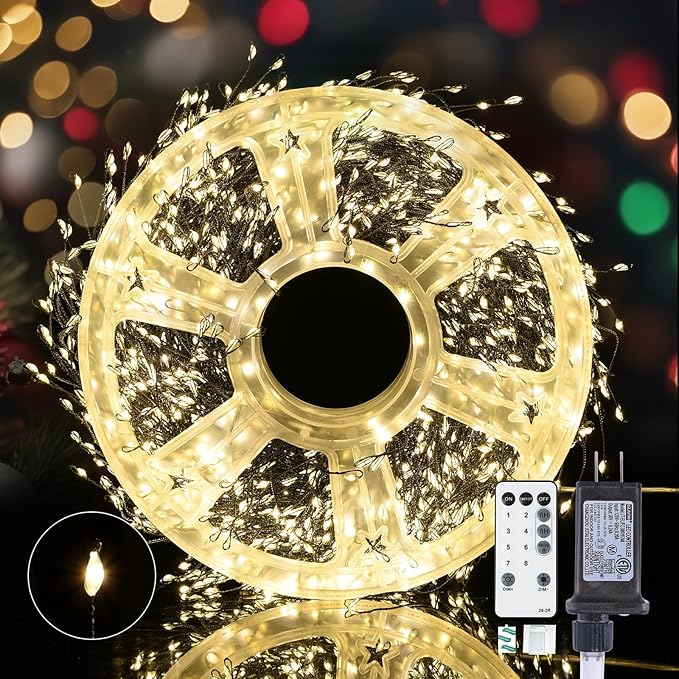 Dailyart Fairy Lights Plug in, 2000 Led Twinkle String Light with Remote 130Ft Waterproof 8 Modes Warm Cluster Lights with Timer for Bedroom Wreath Window Wedding Christmas Tree Decoration,Black Wire