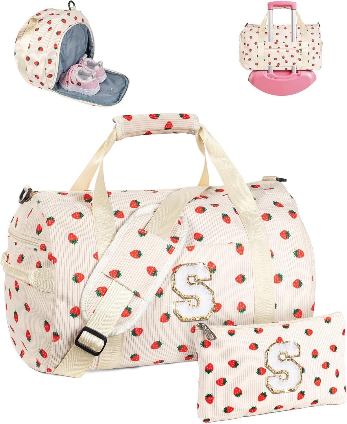 Skiennix Personalized Girls Gym Bag - Stylish Weekend Duffel with Shoe Compartment & Makeup Bag | Perfect Gift for Ages 4-10 (Letter S)