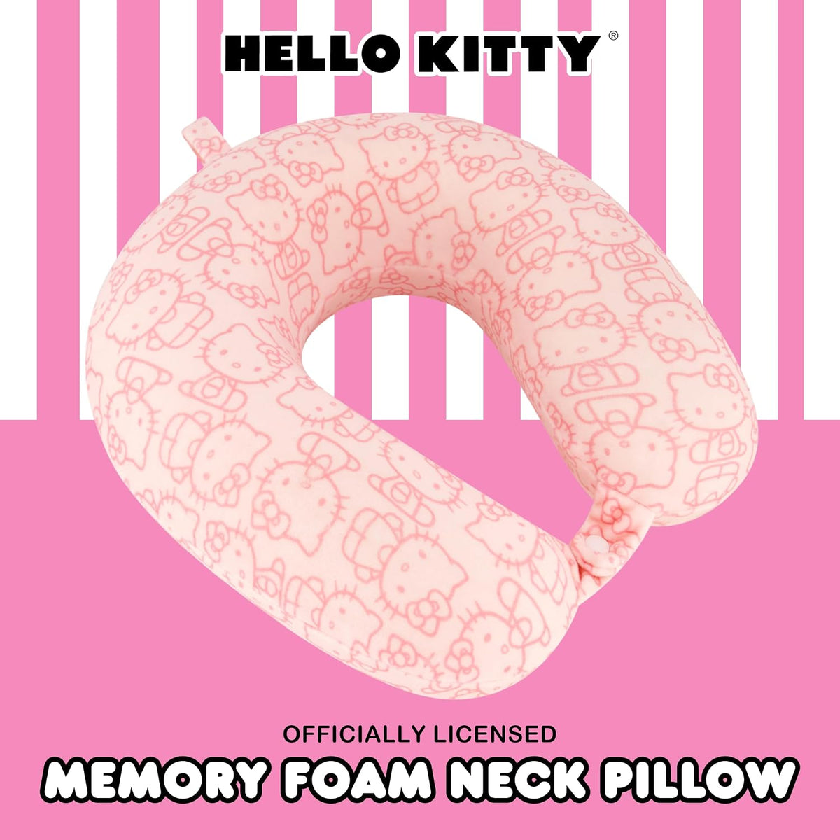 FUL Hello Kitty Neck Pillow, All Over Print Memory Foam Travel Accessories for Airplane, Car and Office, Comfortable and Breathable, Pink