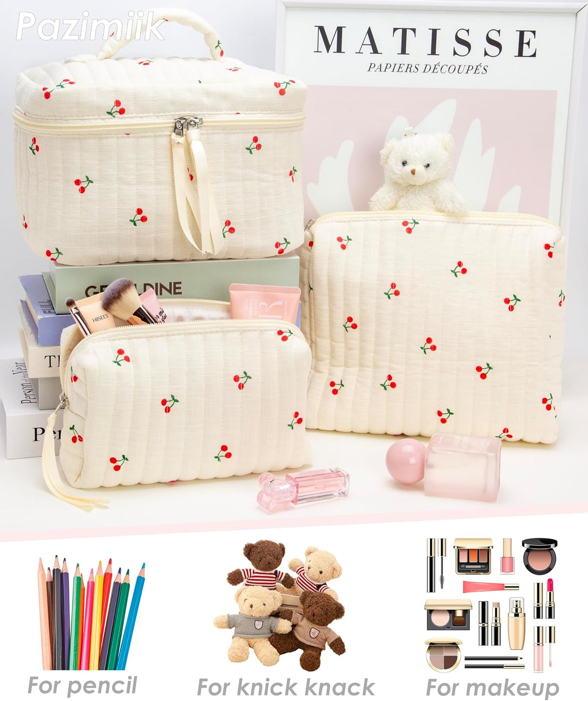 3 Piece Quilted Makeup Bag Set for Women,Cosmetic&Toiletry Bag,Cherry Beige