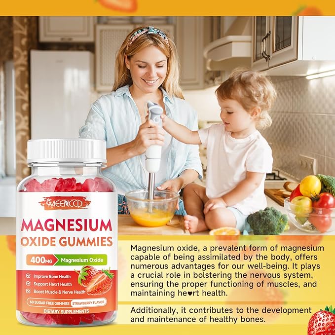 2 Pack Magnesium Oxide Gummies 400mg, Chewable Magnesium Oxide Supplement for Adults & Kids, Nerve & Muscle Support, Non-GMO, Sugar-Free, Strawberry Flavor, 120 Count