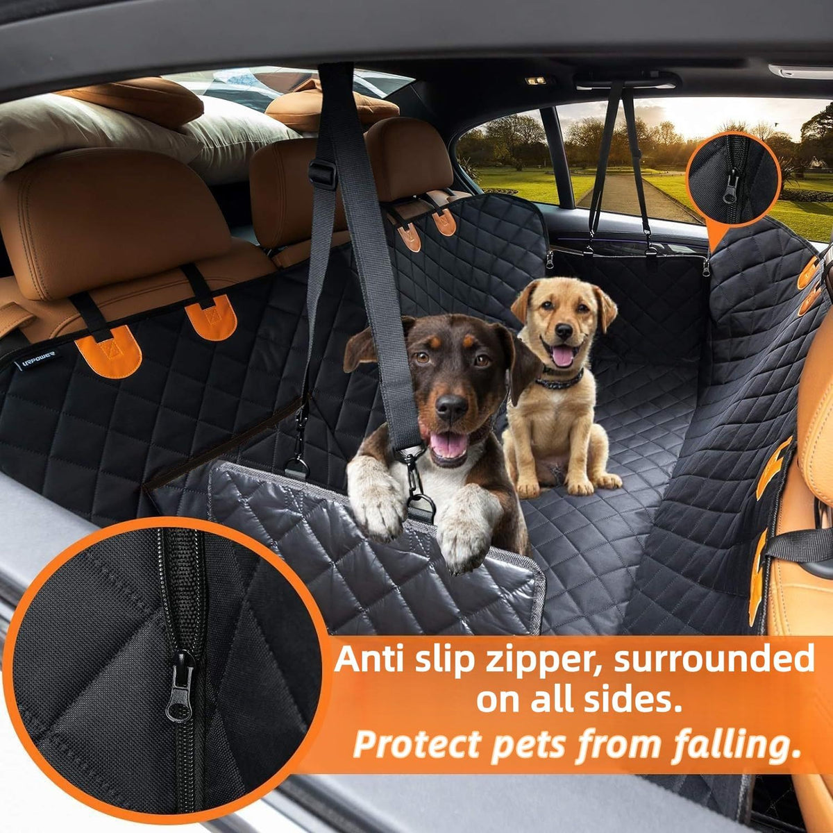 Dog Car Seat Cover for Back Seat,Heavy Duty Dog Hammock for Car with Side Flap,100% Waterproof Pet Backseat Cover, Anti-Scratch Nonslip Pet Seat Protector for Cars Trucks and SUV (Black with Orange)