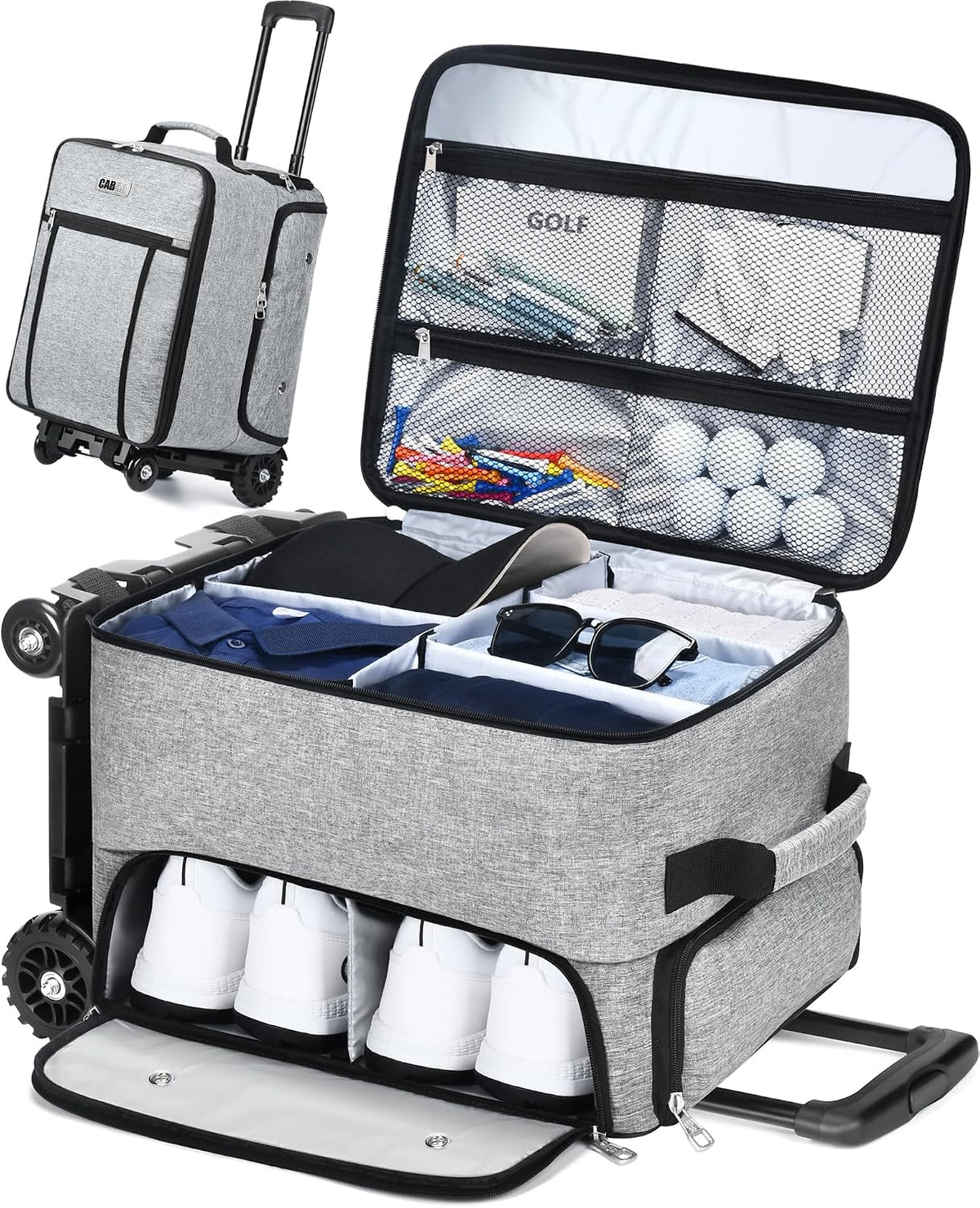 CAB55 Golf Trunk Organizer with 4 Wheels, 2 Layer Waterproof Car Golf Organizer with Separate Ventilated Compartment for 2 Pair Shoes, Golf Trunk Storage for Clothes, Accessories, Golf Gifts